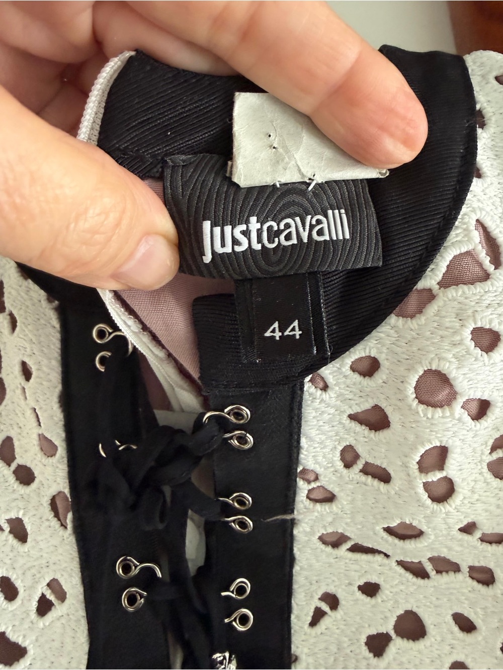 Justcavalli Sleeveless White Eyelet Dress with Black Trim and Brown Spot Details - Picture 4 of 4